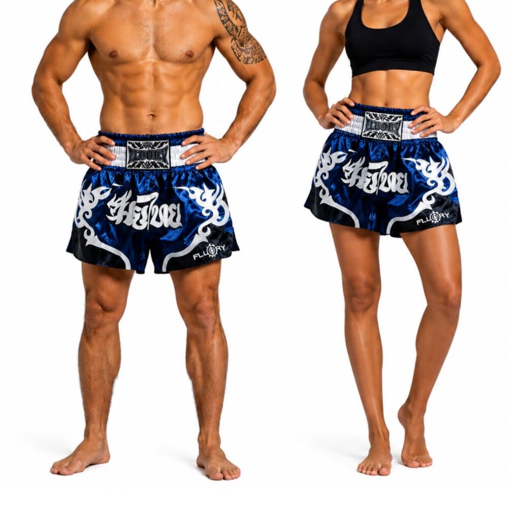 Fluory Muay Thai Kickboxing Shorts Blue Satin Martial Arts Training  XL (US M)